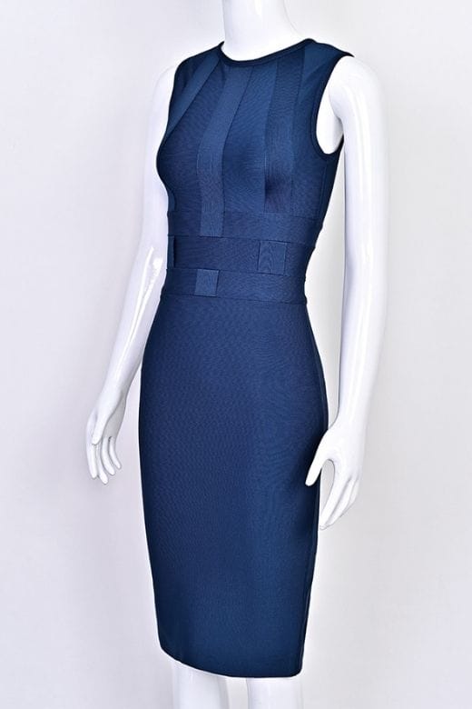 Woman wearing a figure flattering  Aurora Bandage Dress - Navy Blue BODYCON COLLECTION Pty Ltd