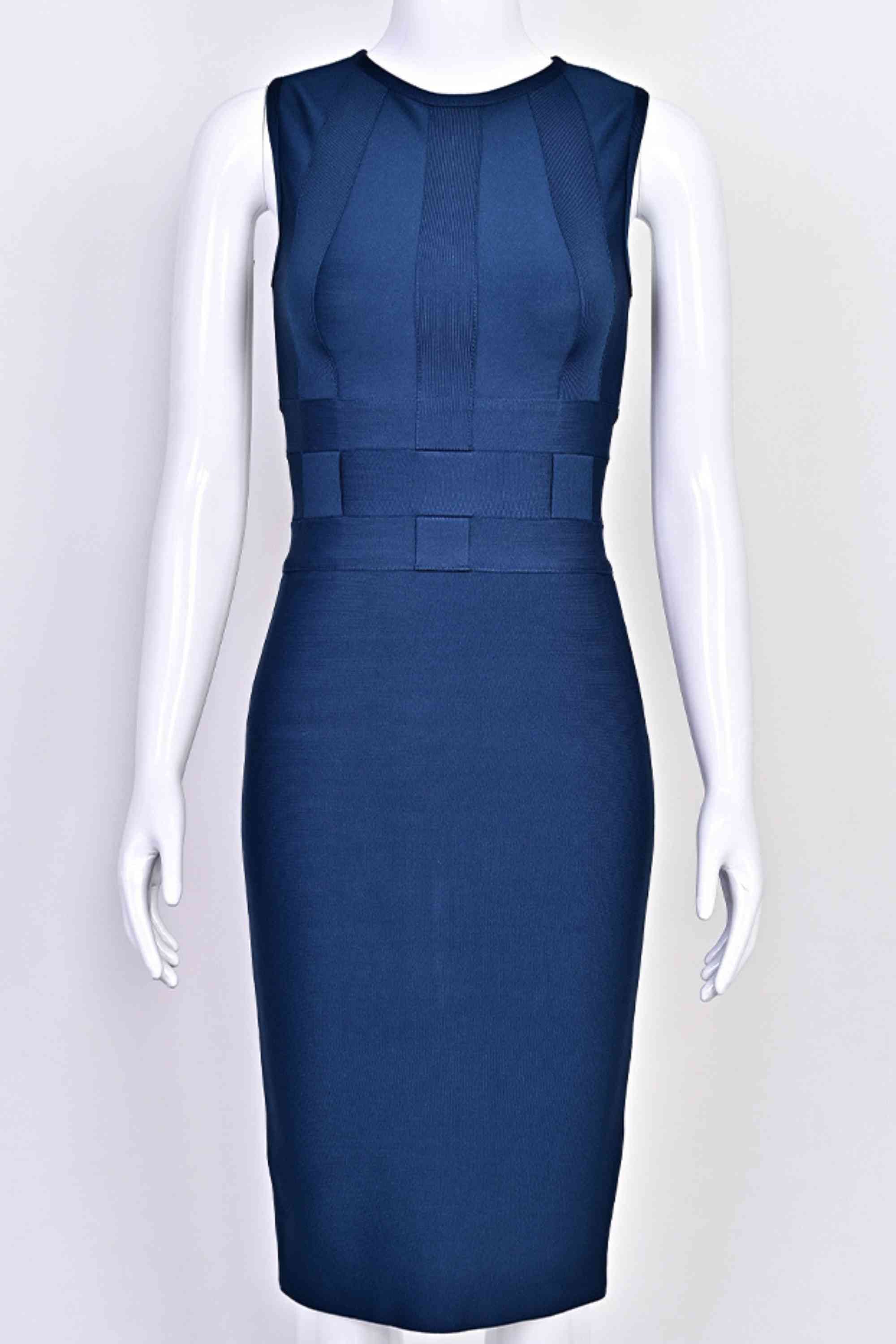 Woman wearing a figure flattering  Aurora Bandage Dress - Navy Blue BODYCON COLLECTION Pty Ltd
