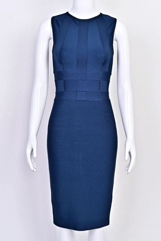 Woman wearing a figure flattering  Aurora Bandage Dress - Navy Blue BODYCON COLLECTION Pty Ltd