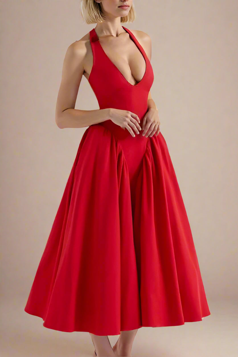 Woman wearing a figure flattering  Austen Bodycon Midi Dress - Chilli Red BODYCON COLLECTION