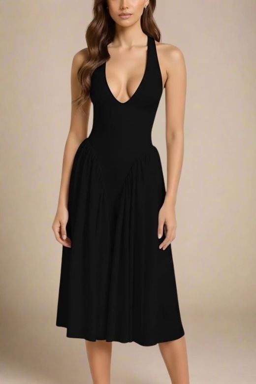 Woman wearing a figure flattering  Austen Bodycon Midi Dress - Classic Black BODYCON COLLECTION