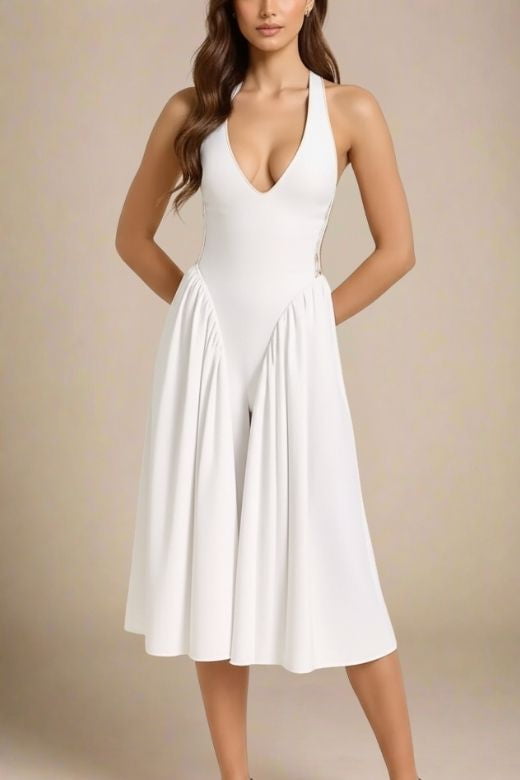Woman wearing a figure flattering  Austen Bodycon Midi Dress - White Pearl BODYCON COLLECTION