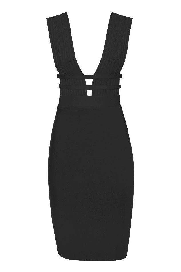 Woman wearing a figure flattering  Bay Bandage Dress - Classic Black Bodycon Collection