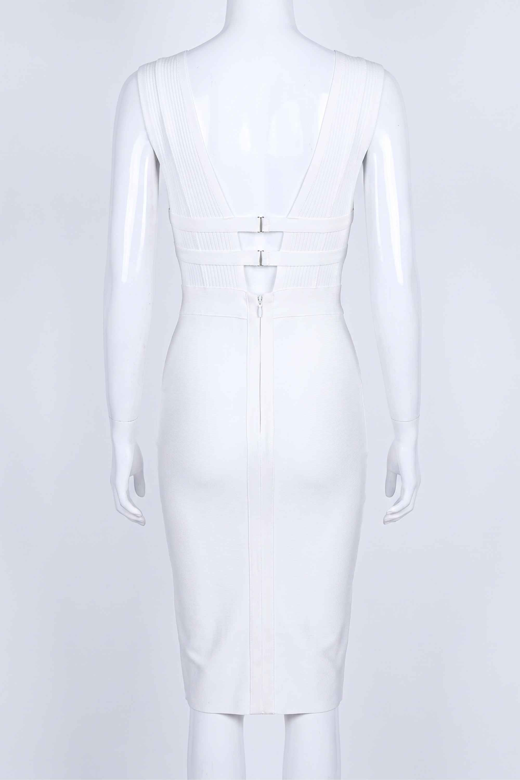 Woman wearing a figure flattering  Bay Bandage Dress - Pearl White Bodycon Collection
