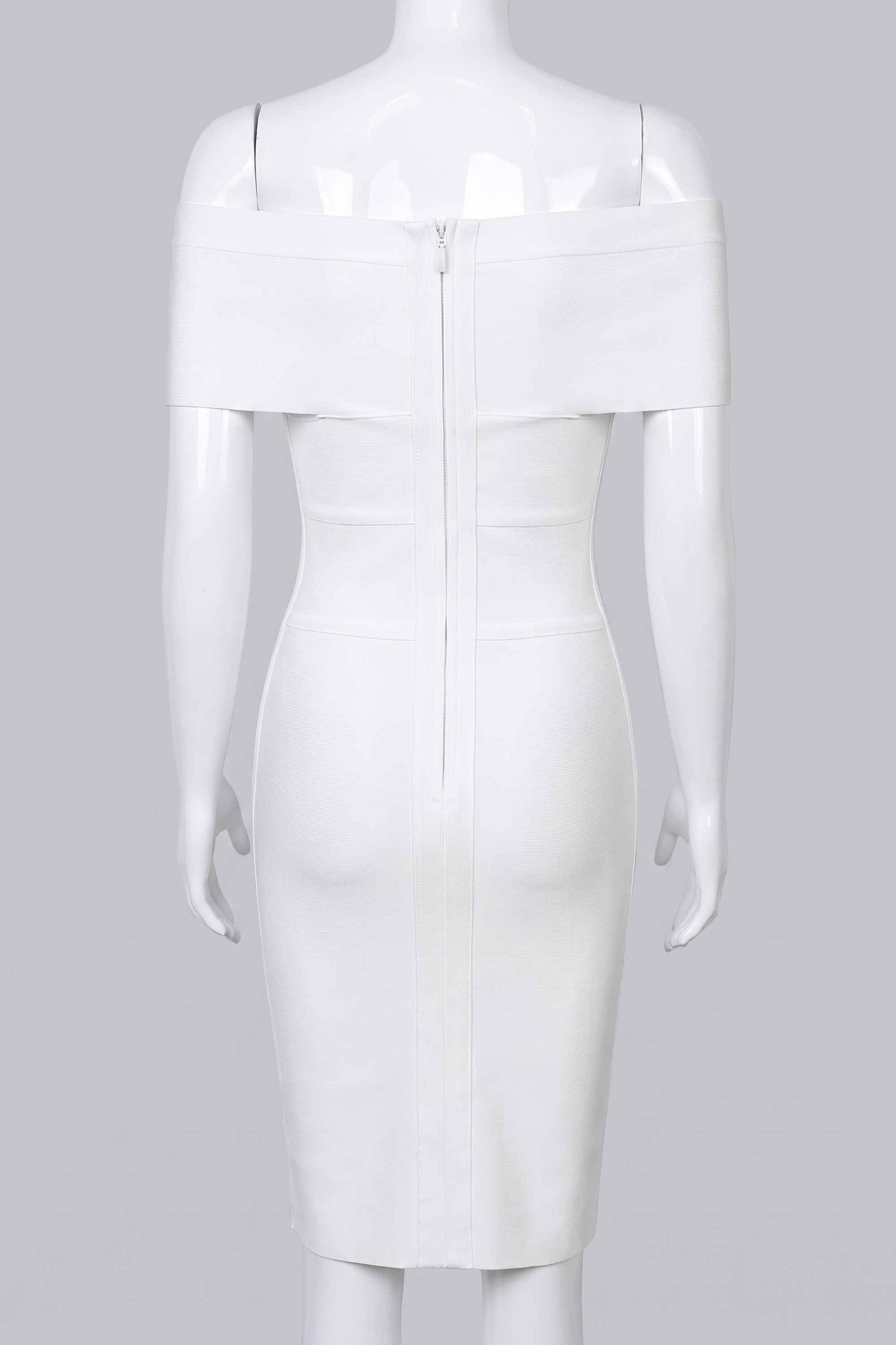 Woman wearing a figure flattering  Bea Bandage Dress - Pearl White Bodycon Collection