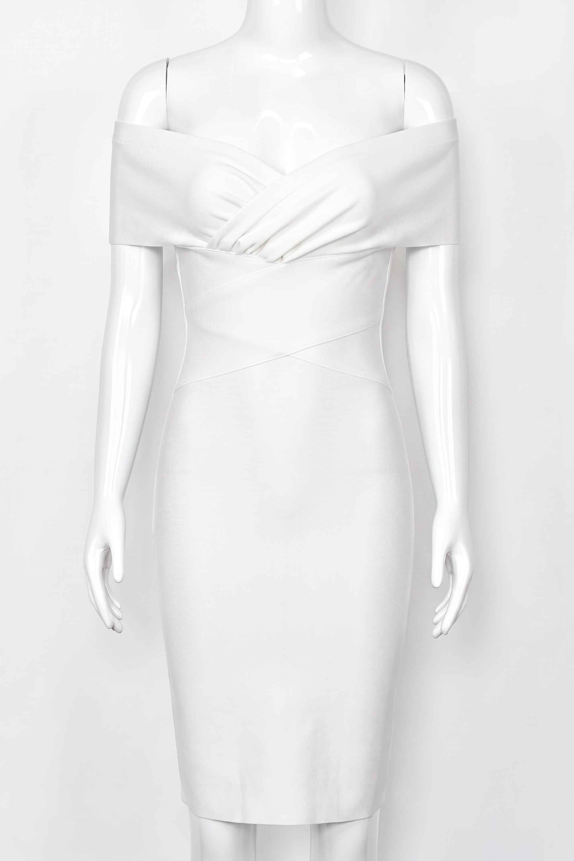 Woman wearing a figure flattering  Bea Bandage Dress - Pearl White Bodycon Collection