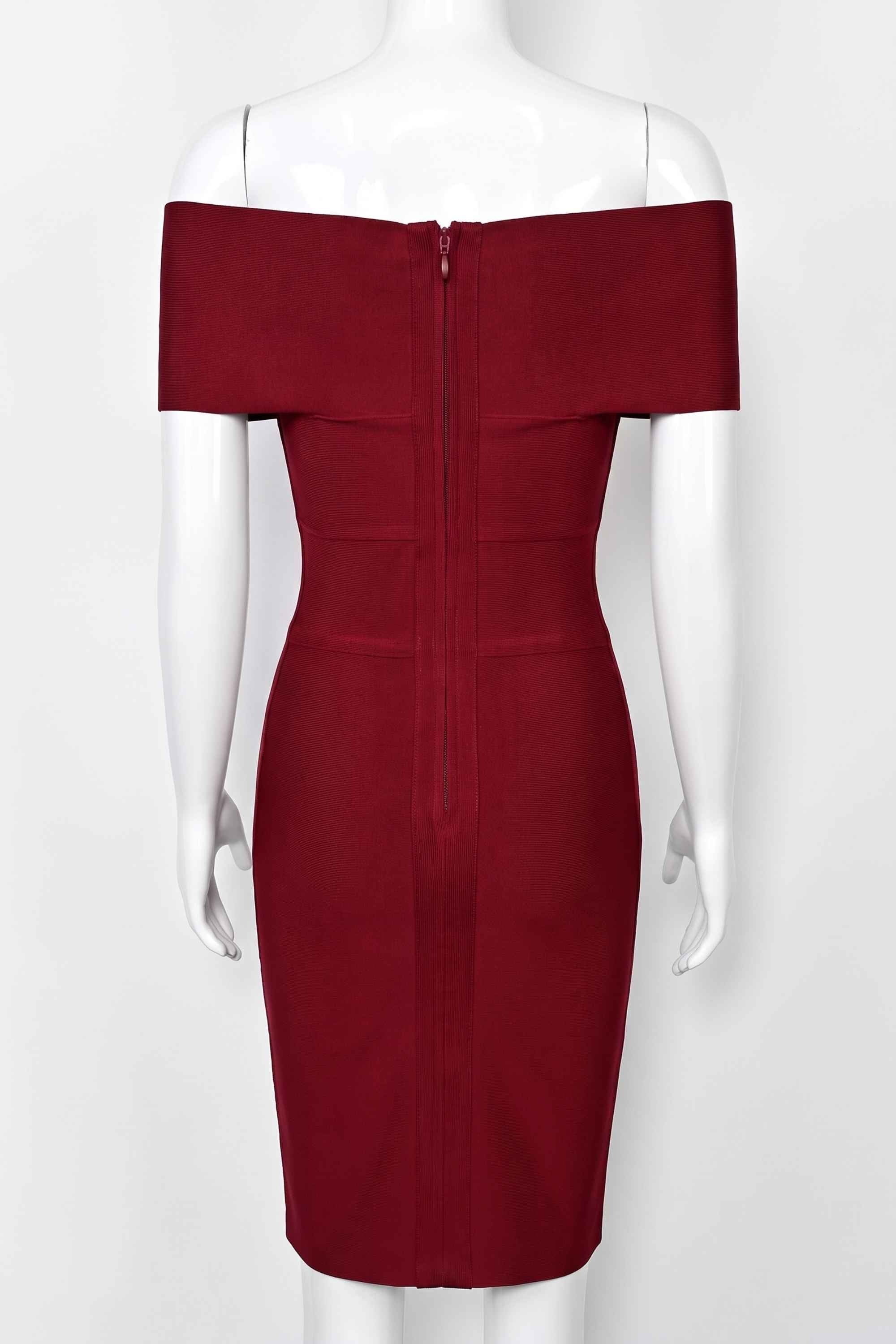 Woman wearing a figure flattering  Bea Bandage Dress - Red Wine Bodycon Collection