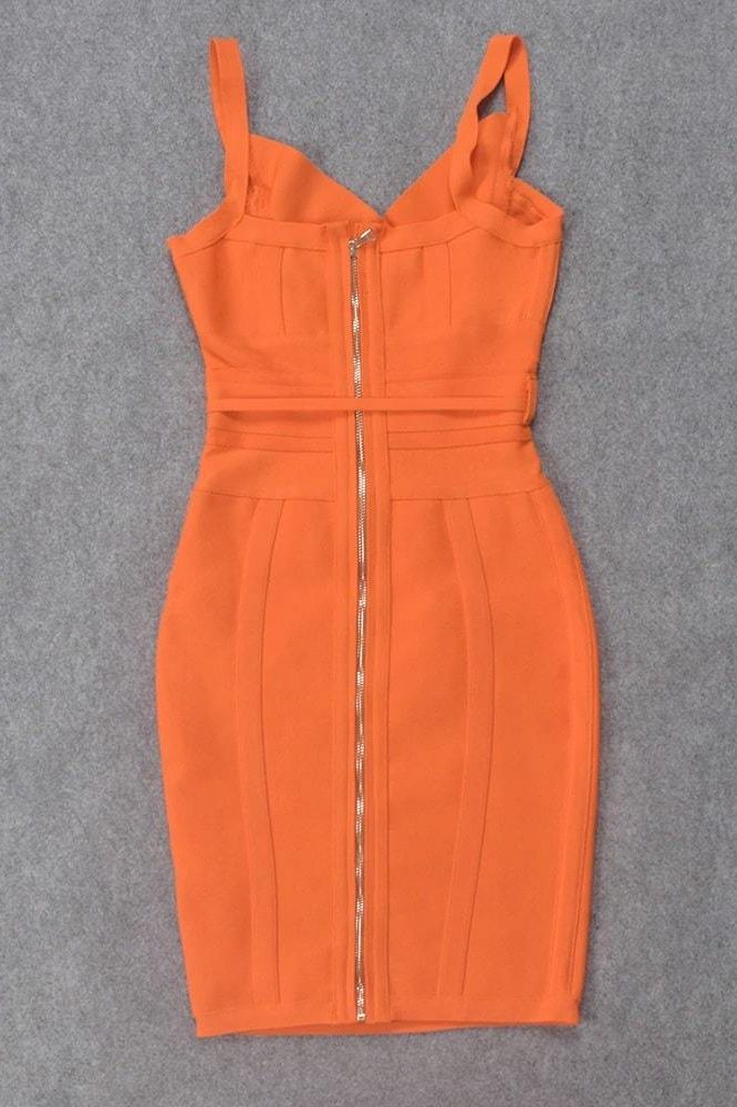 Woman wearing a figure flattering  Bek Bandage Dress - Apricot Orange Bodycon Collection