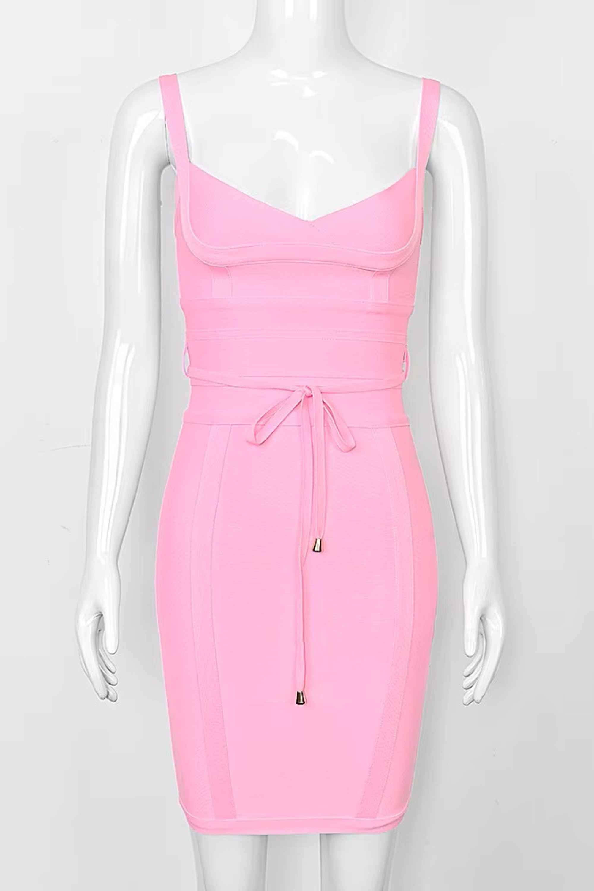 Woman wearing a figure flattering  Bek Bandage Dress - Blush Pink Bodycon Collection