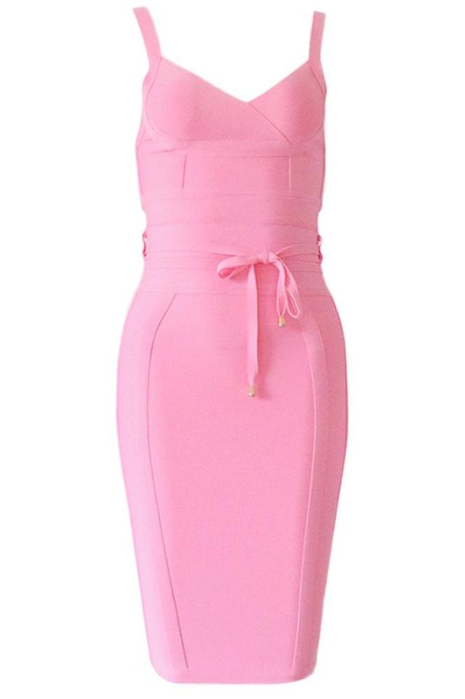 Woman wearing a figure flattering  Bek Bandage Dress - Blush Pink Bodycon Collection