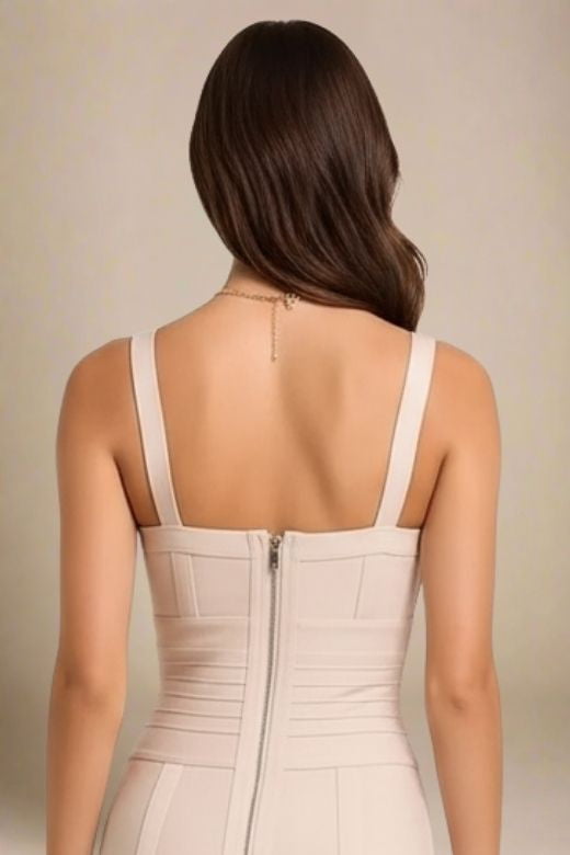 Woman wearing a figure flattering  Bek Bandage Dress - Cream Bodycon Collection