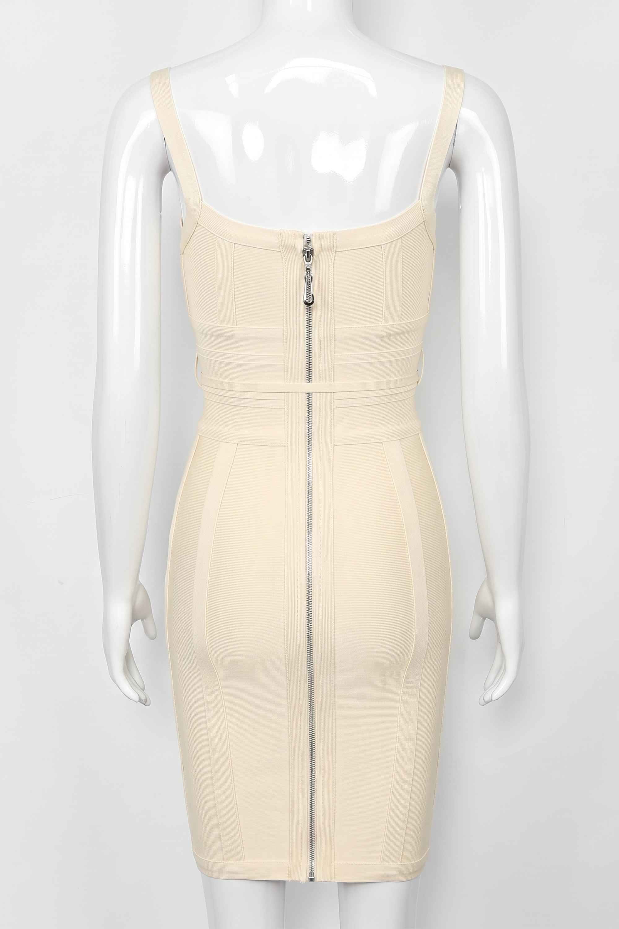 Woman wearing a figure flattering  Bek Bandage Dress - Cream Bodycon Collection