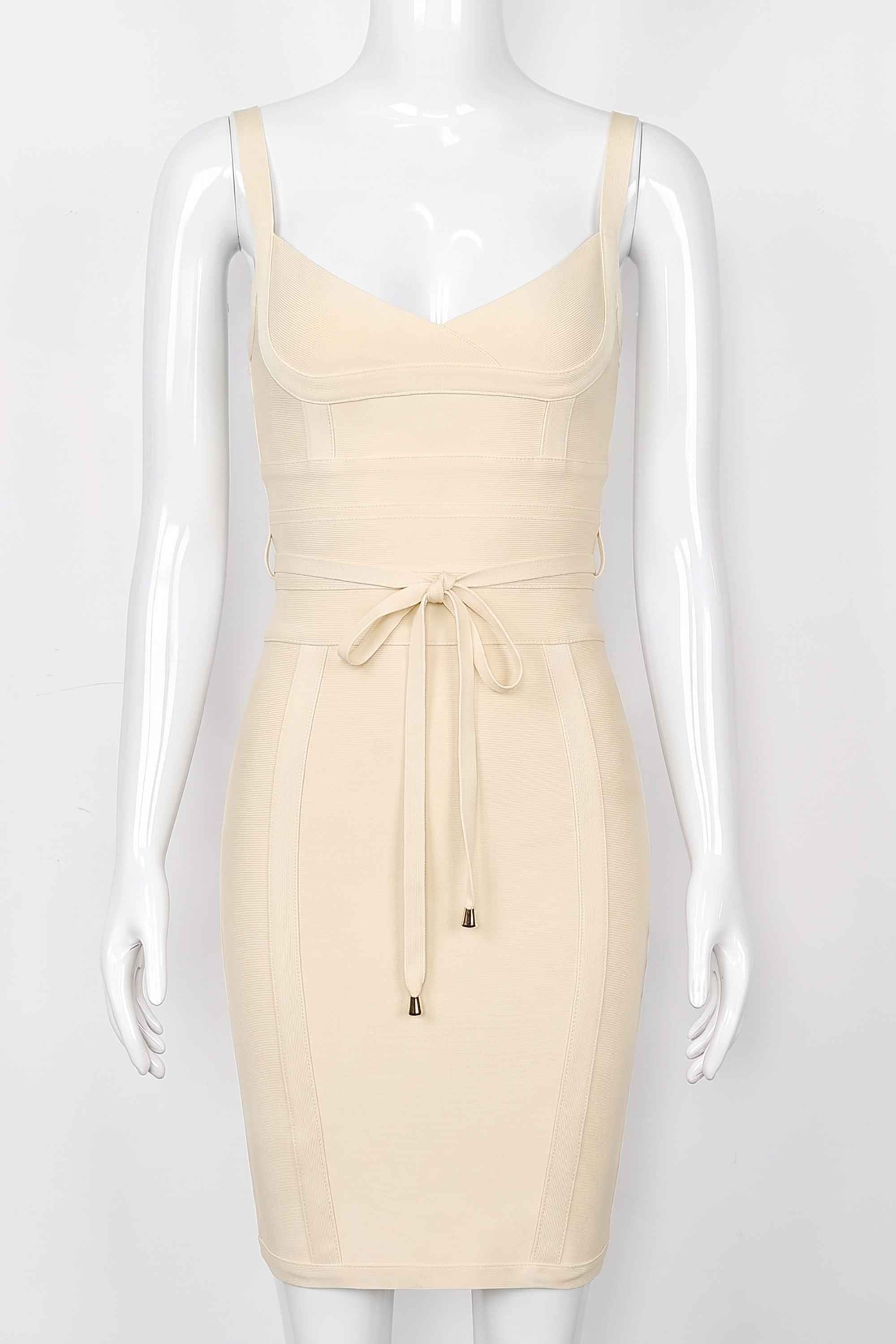 Woman wearing a figure flattering  Bek Bandage Dress - Cream Bodycon Collection