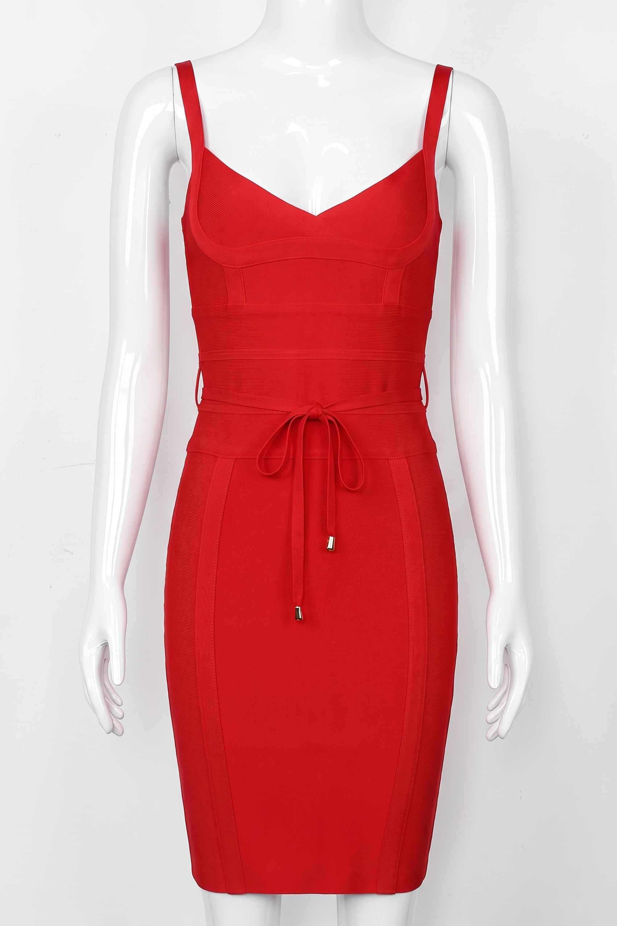 Woman wearing a figure flattering  Bek Bandage Dress - Lipstick Red Bodycon Collection