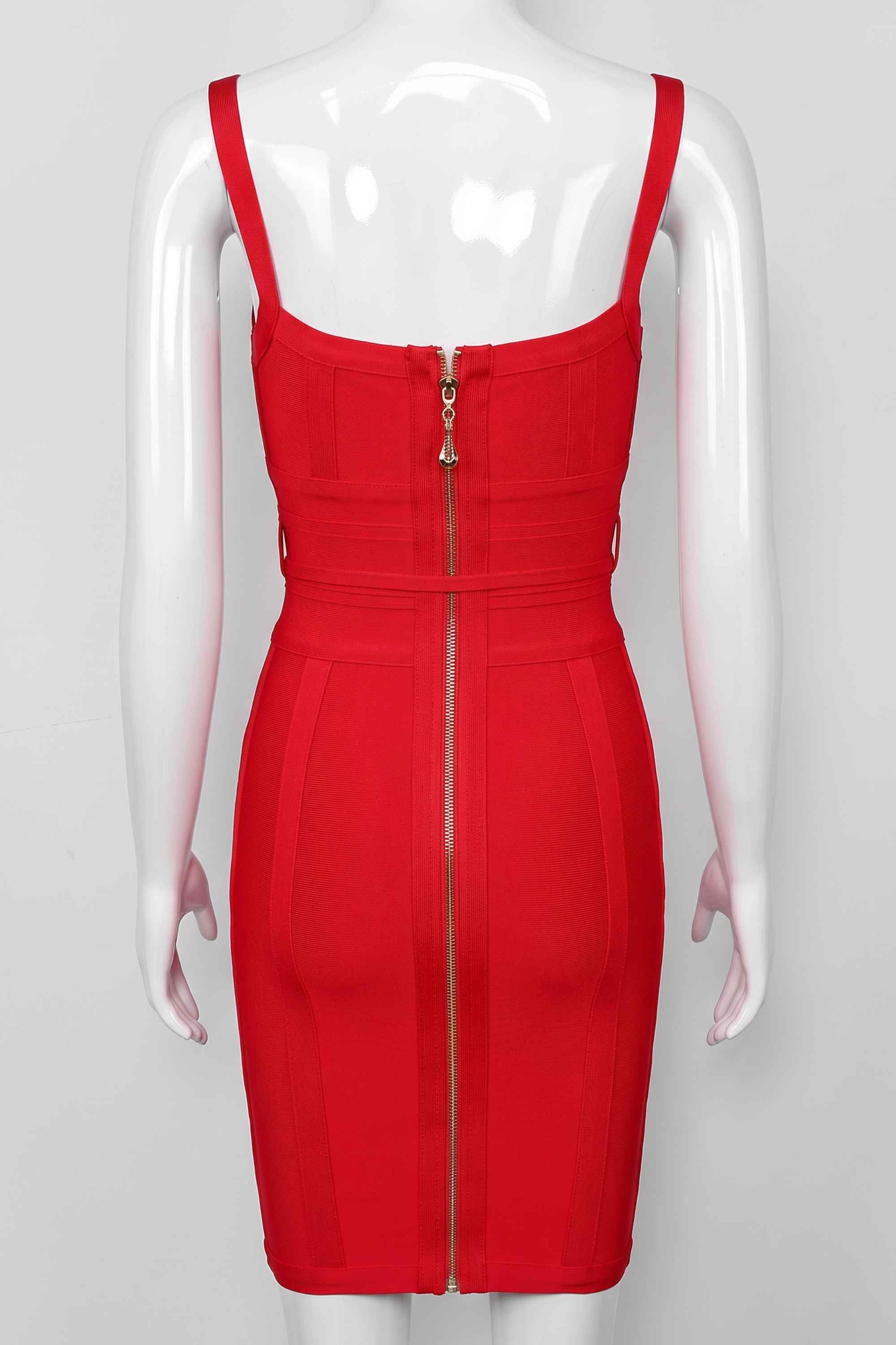 Woman wearing a figure flattering  Bek Bandage Dress - Lipstick Red Bodycon Collection