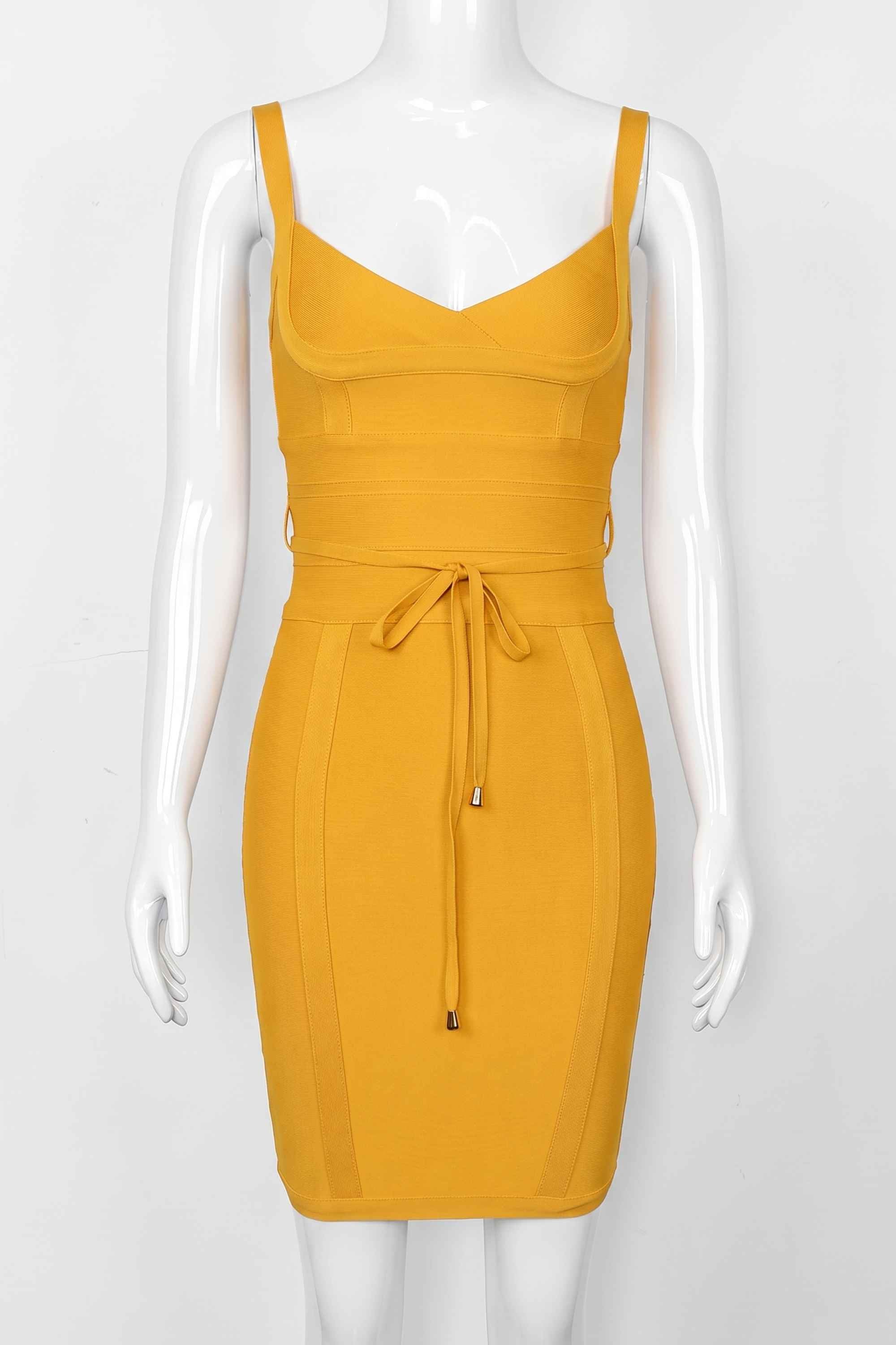 Woman wearing a figure flattering  Bek Bandage Dress - Mustard Yellow Bodycon Collection