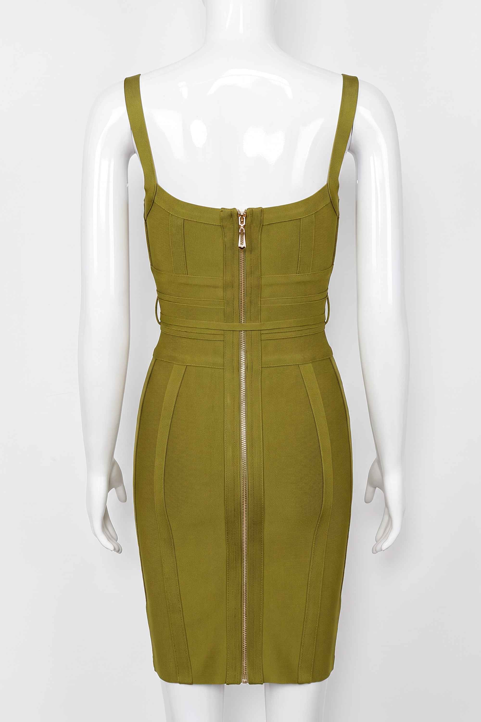 Woman wearing a figure flattering  Bek Bandage Dress - Olive Green Bodycon Collection