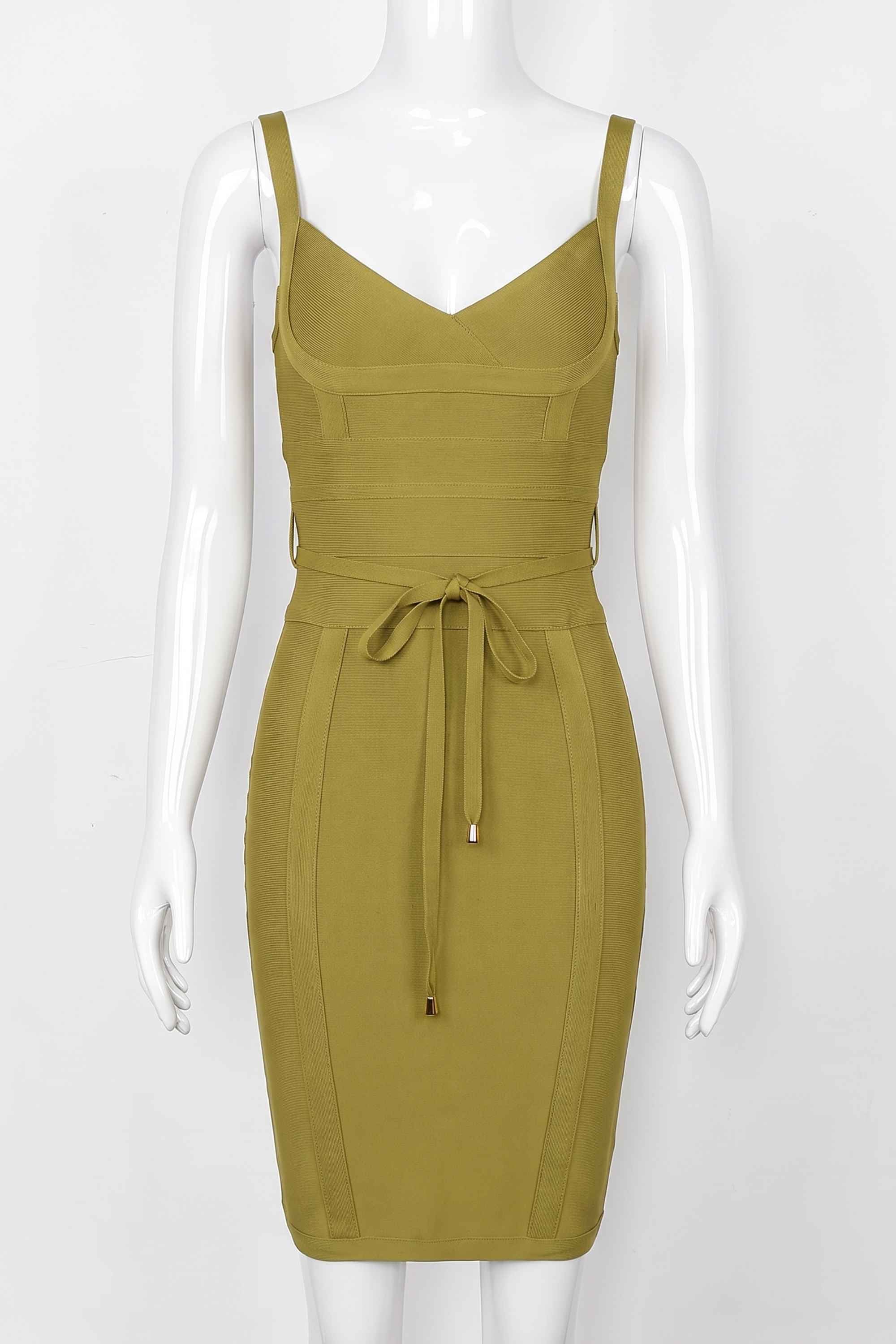Woman wearing a figure flattering  Bek Bandage Dress - Olive Green Bodycon Collection