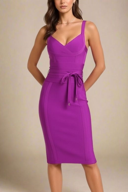 Woman wearing a figure flattering  Bek Bandage Dress - Plum Purple Bodycon Collection