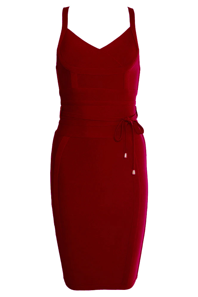 Woman wearing a figure flattering  Bek Bandage Dress - Red Wine Bodycon Collection