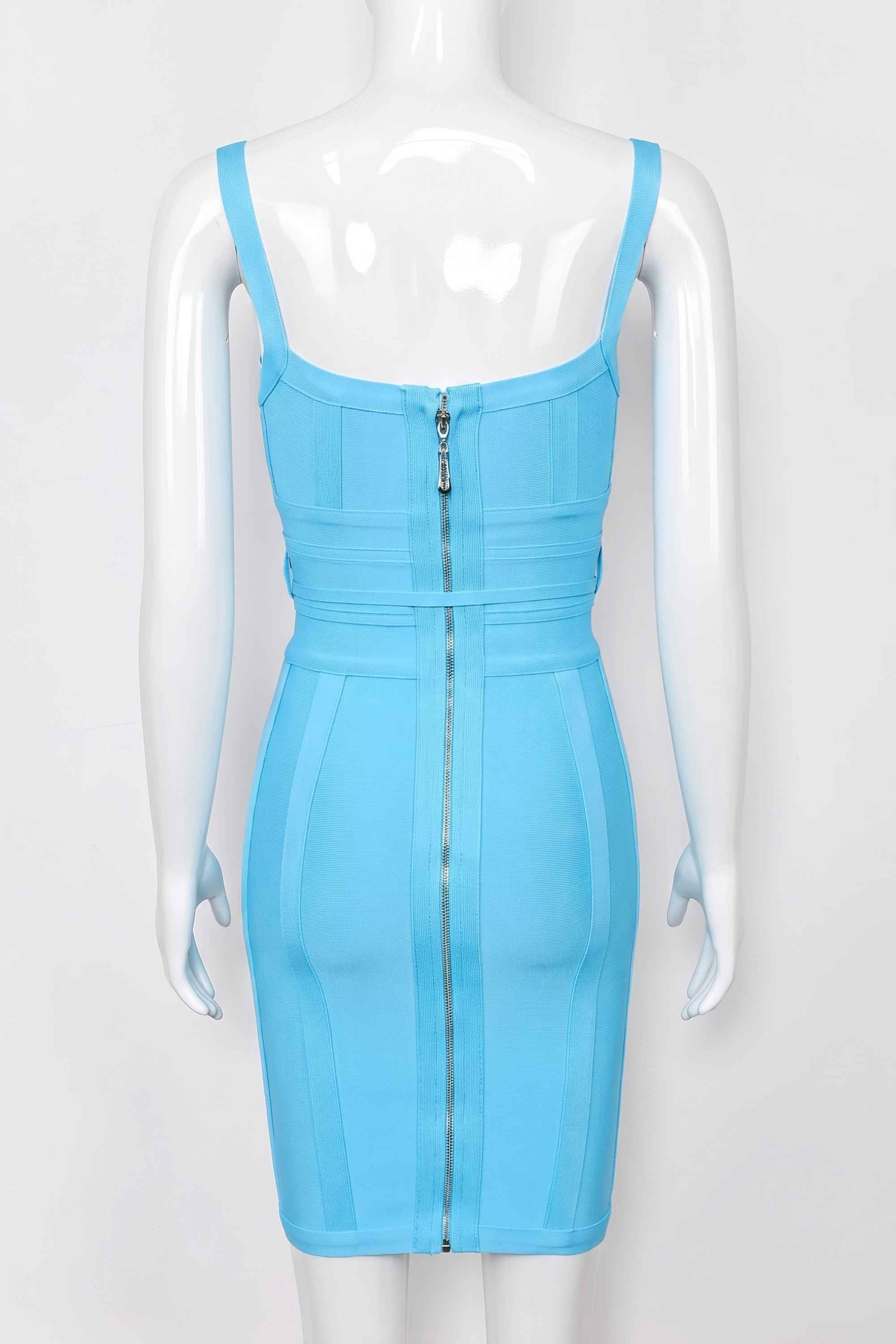 Woman wearing a figure flattering  Bek Bandage Dress - Sky Blue Bodycon Collection
