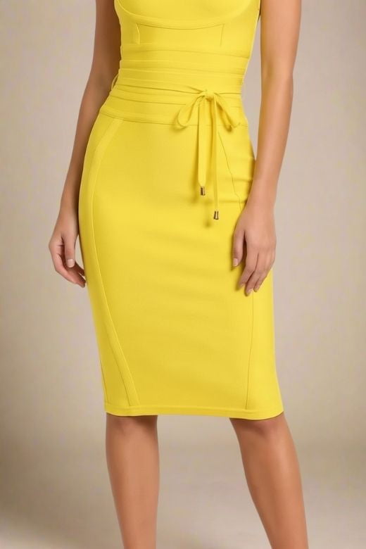 Woman wearing a figure flattering  Bek Bandage Dress - Sun Yellow Bodycon Collection