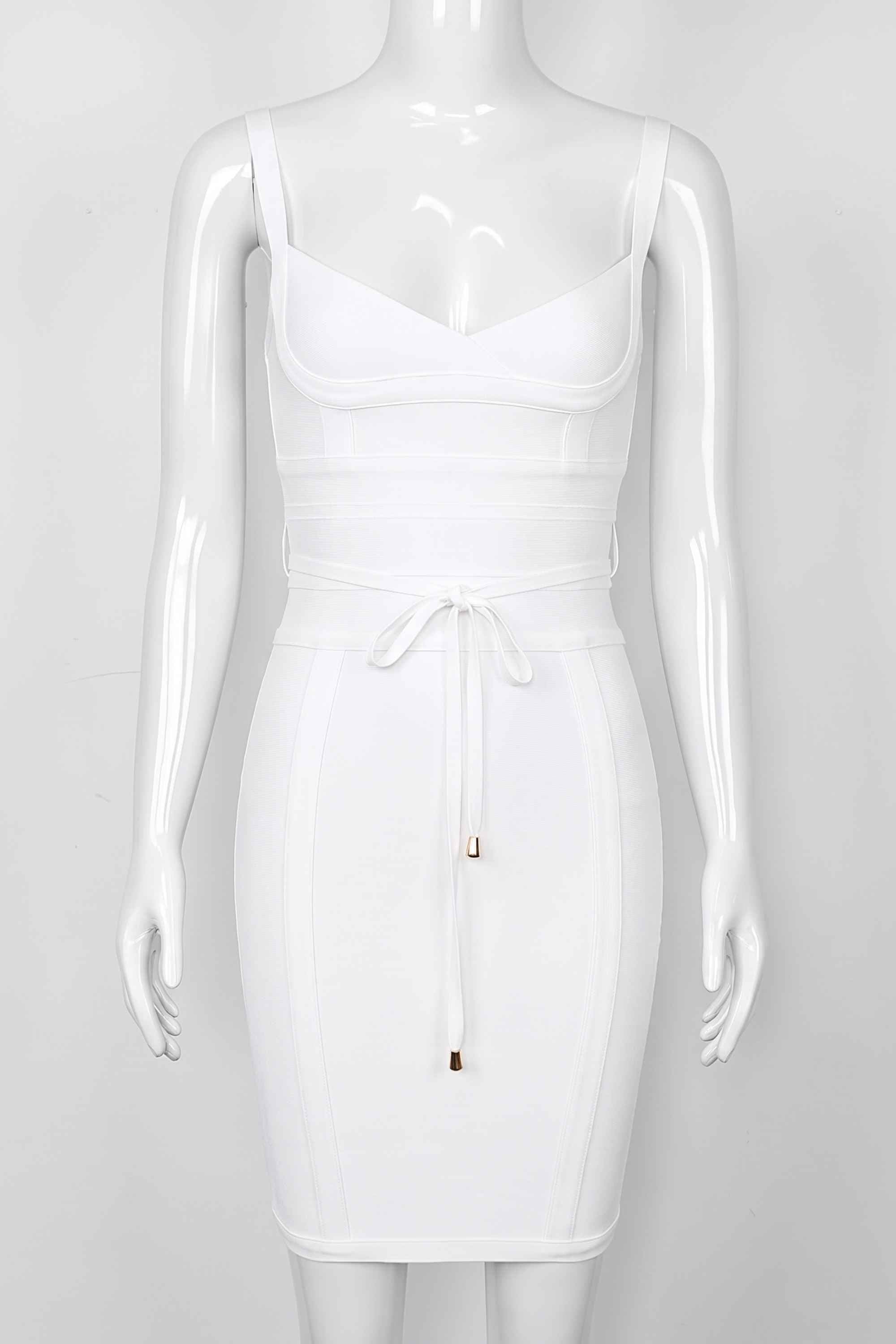 Woman wearing a figure flattering  Bek Bandage Dress - White Pearl Bodycon Collection
