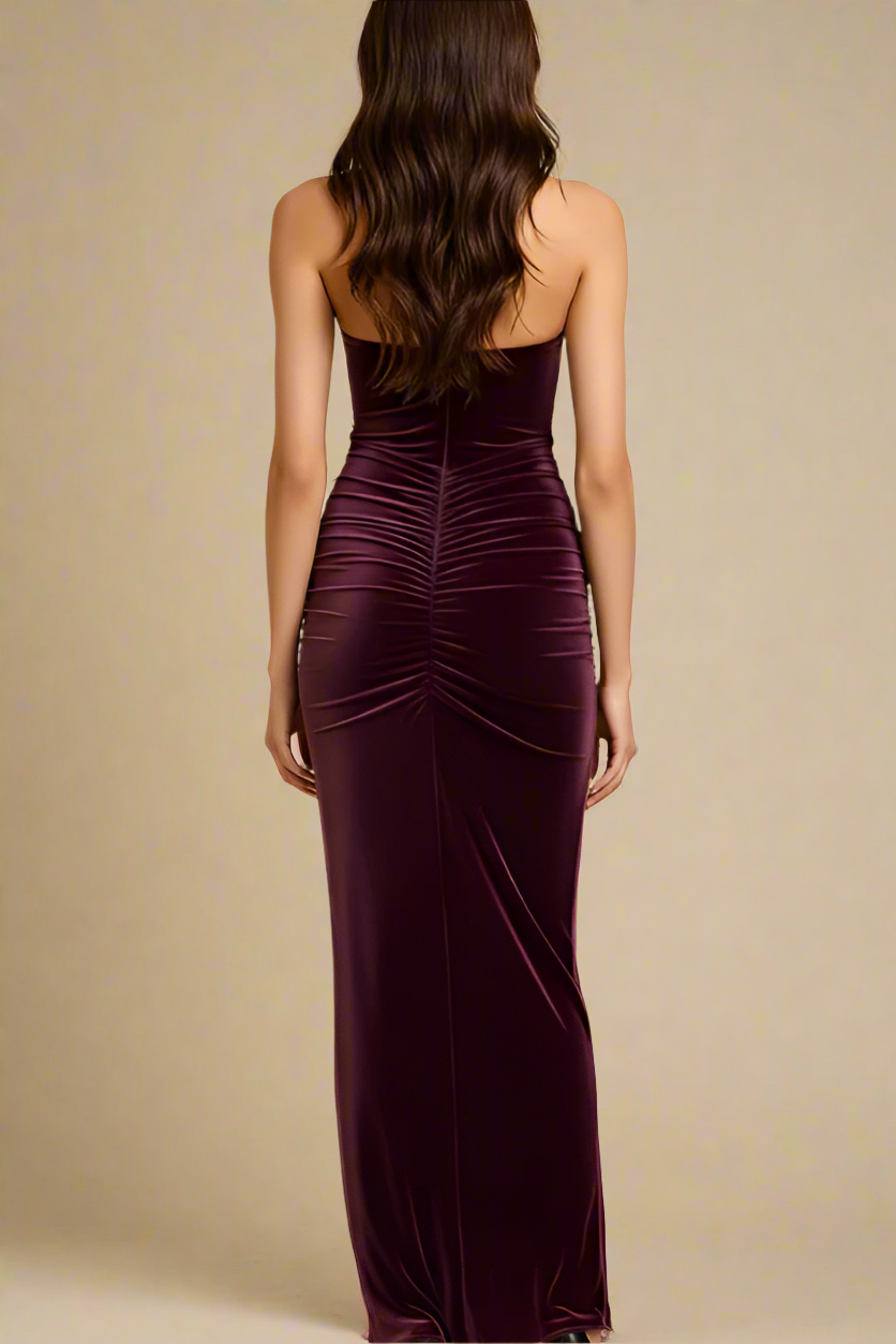 Woman wearing a figure flattering  Bella Bodycon Wrap Maxi Dress - Red Wine BODYCON COLLECTION Pty Ltd