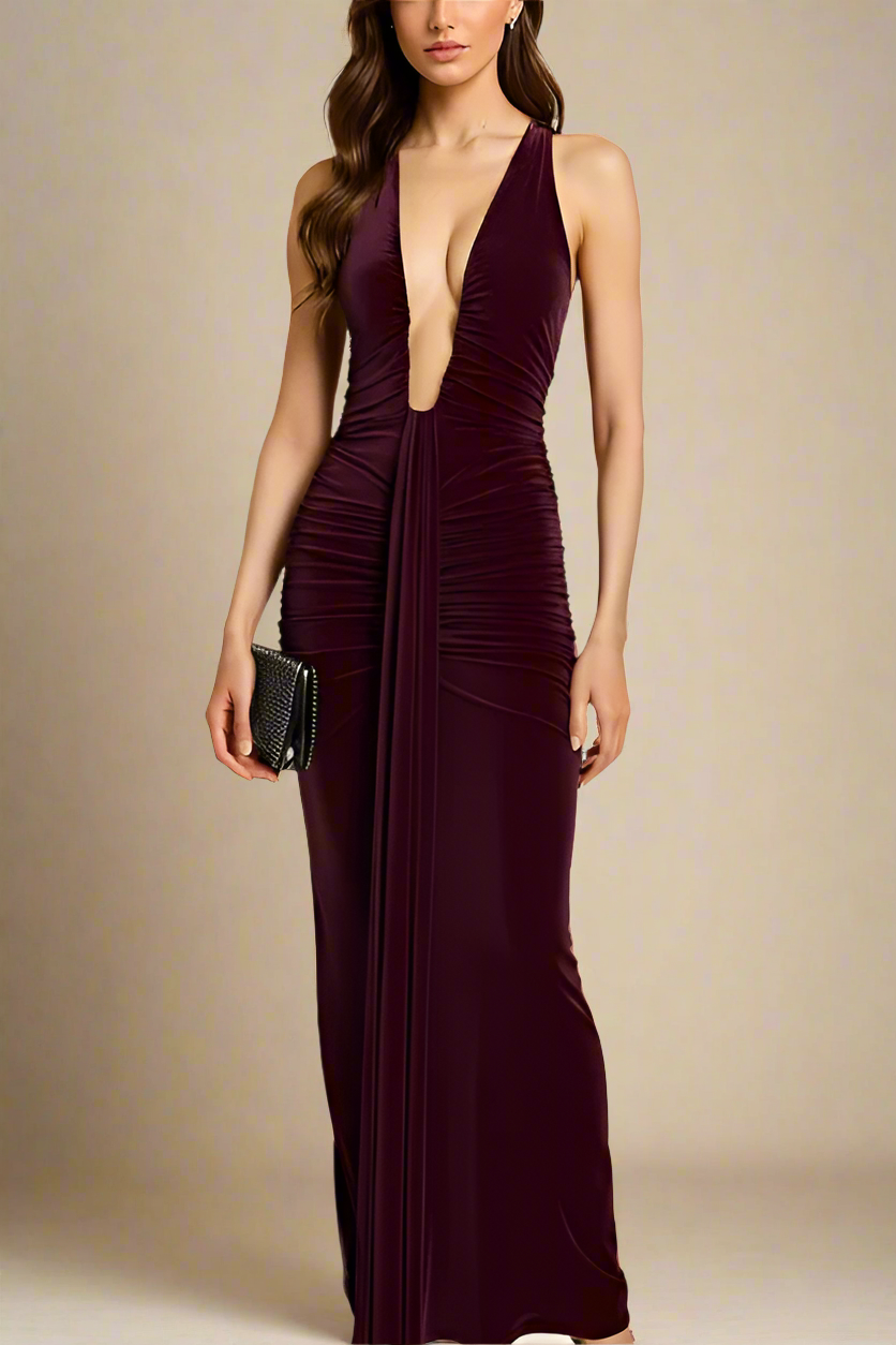 Woman wearing a figure flattering  Bella Bodycon Wrap Maxi Dress - Red Wine BODYCON COLLECTION Pty Ltd