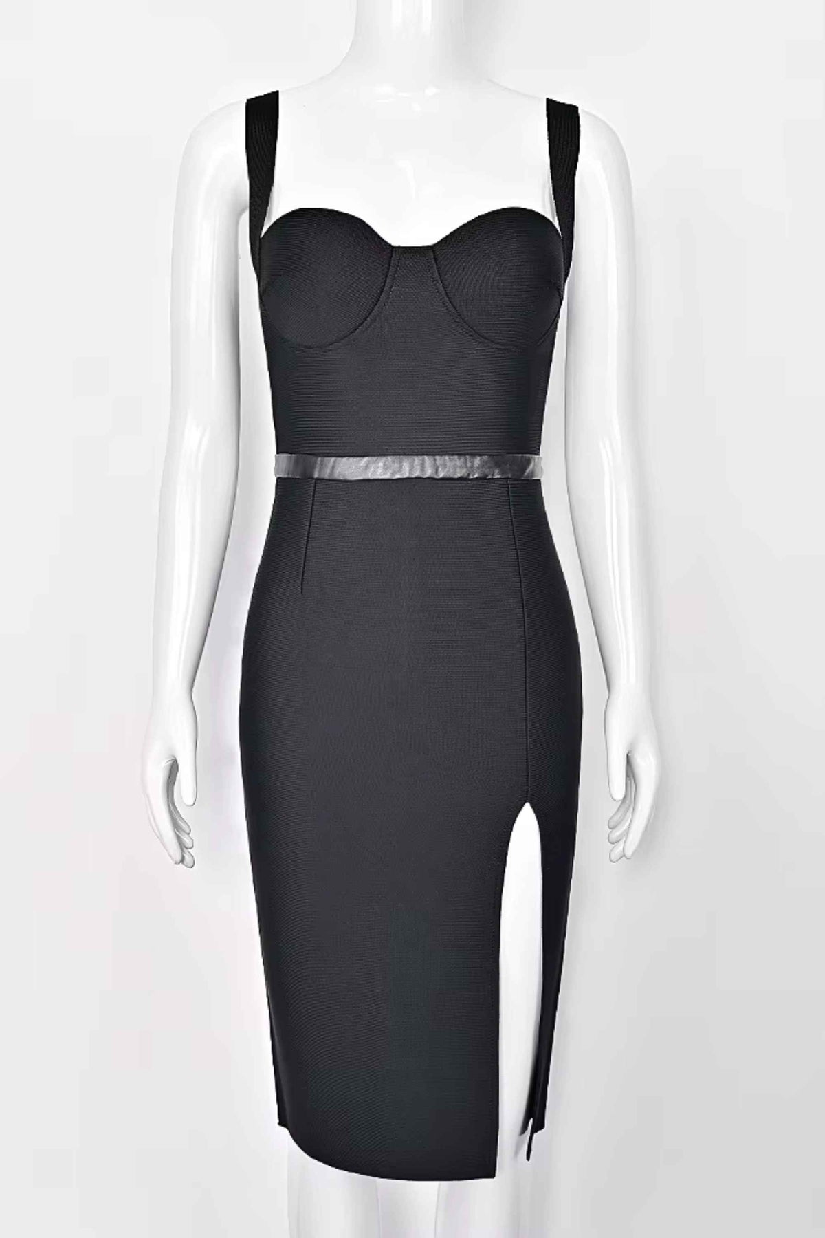 Woman wearing a figure flattering  Beth Bandage Corset Dress - Classic Black BODYCON COLLECTION