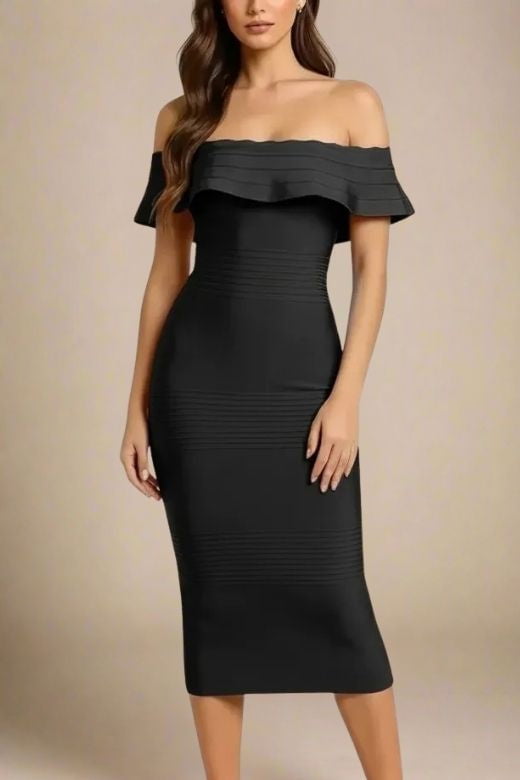 Woman wearing a figure flattering  Billie Bandage Midi Dress - Classic Black Bodycon Collection