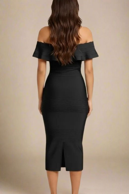 Woman wearing a figure flattering  Billie Bandage Midi Dress - Classic Black Bodycon Collection
