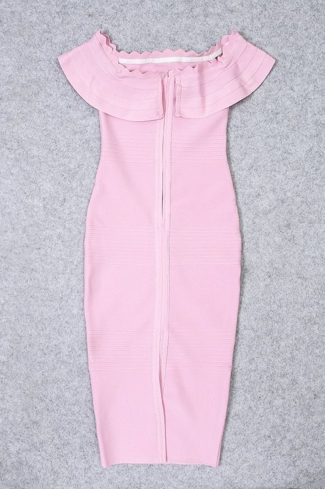 Woman wearing a figure flattering  Billie Bandage Midi Dress - Dusty Pink Bodycon Collection
