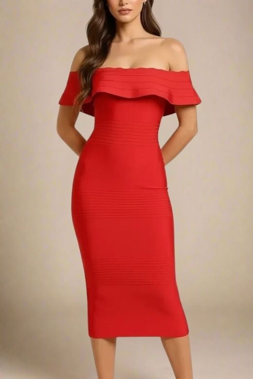Woman wearing a figure flattering  Billie Bandage Midi Dress - Lipstick Red Bodycon Collection