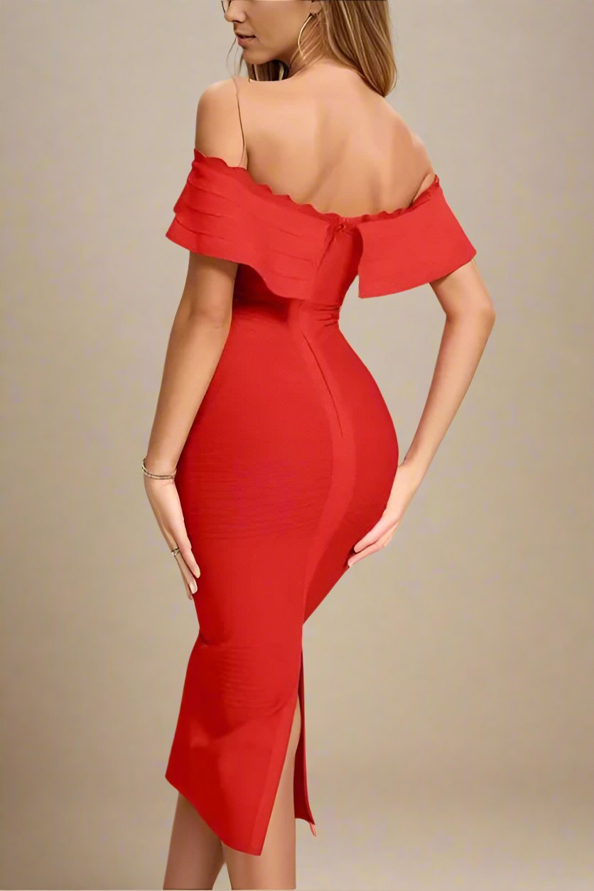 Woman wearing a figure flattering  Billie Bandage Midi Dress - Lipstick Red Bodycon Collection