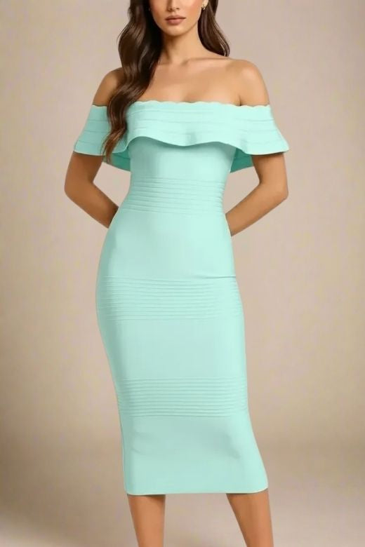 Woman wearing a figure flattering  Billie Bandage Midi Dress - Mint Green Bodycon Collection