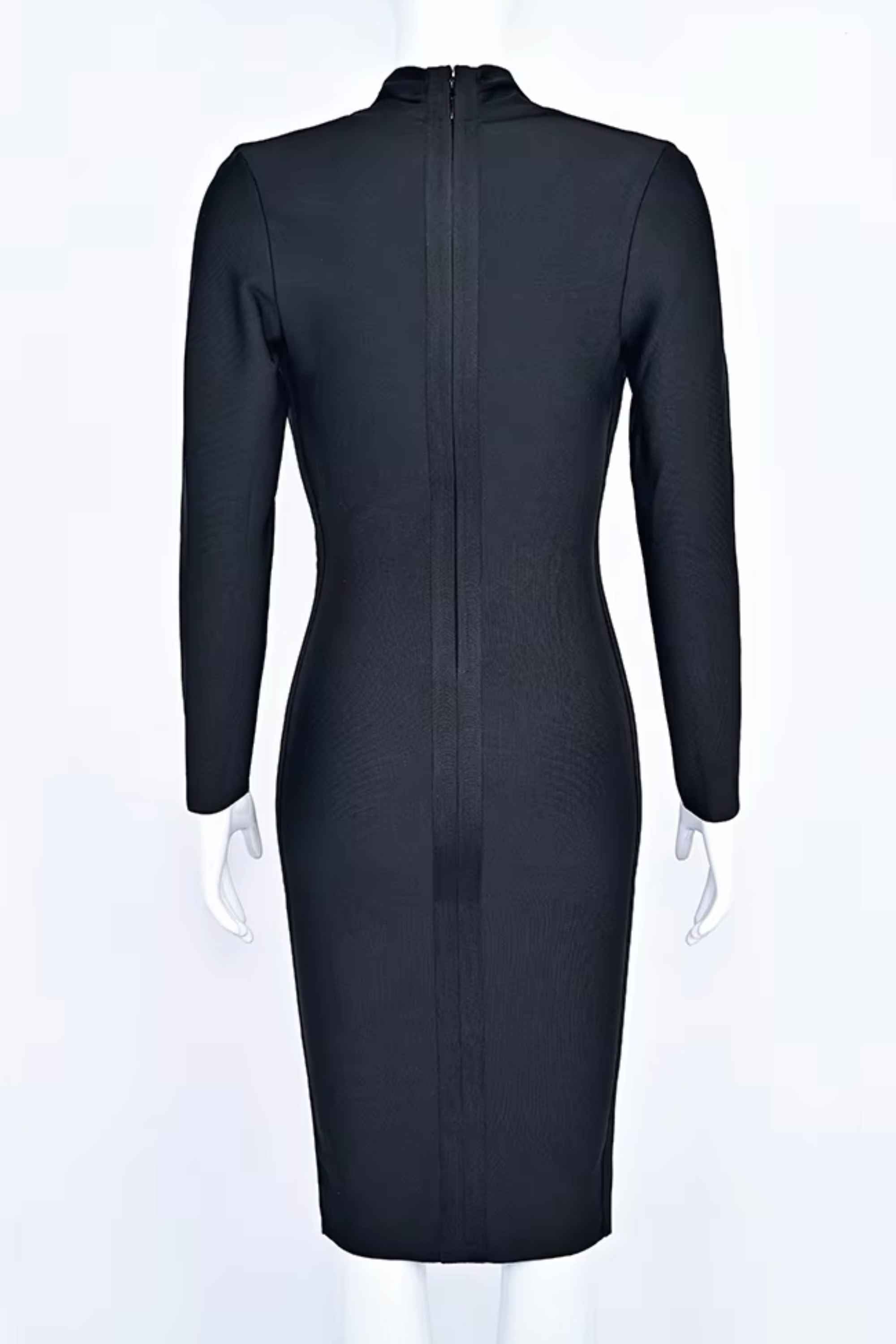 Woman wearing a figure flattering  Blaire Long Sleeve Bandage Dress - Classic Black BODYCON COLLECTION