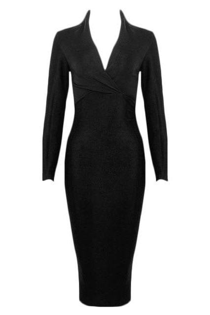 Woman wearing a figure flattering  Blaire Long Sleeve Bandage Dress - Classic Black BODYCON COLLECTION