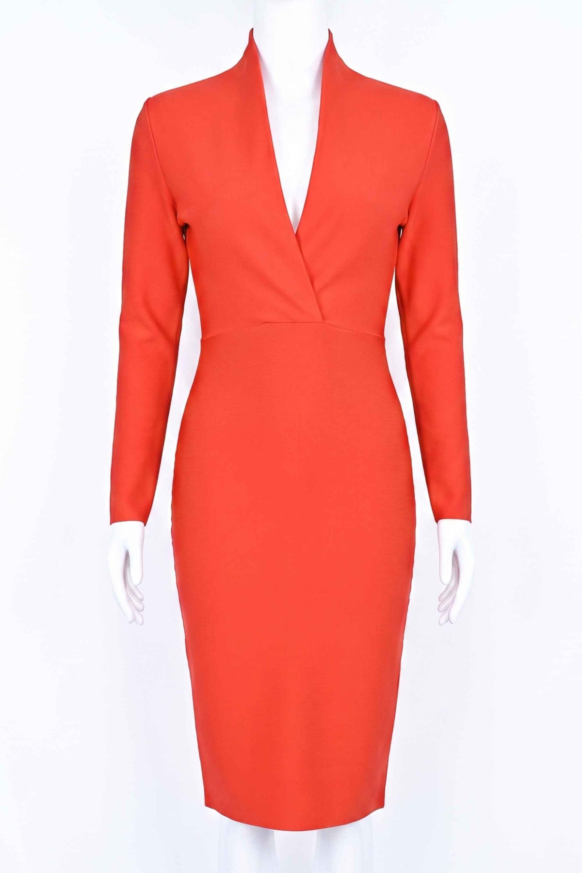 Woman wearing a figure flattering  Blaire Long Sleeve Bandage Dress - Lipstick Red BODYCON COLLECTION