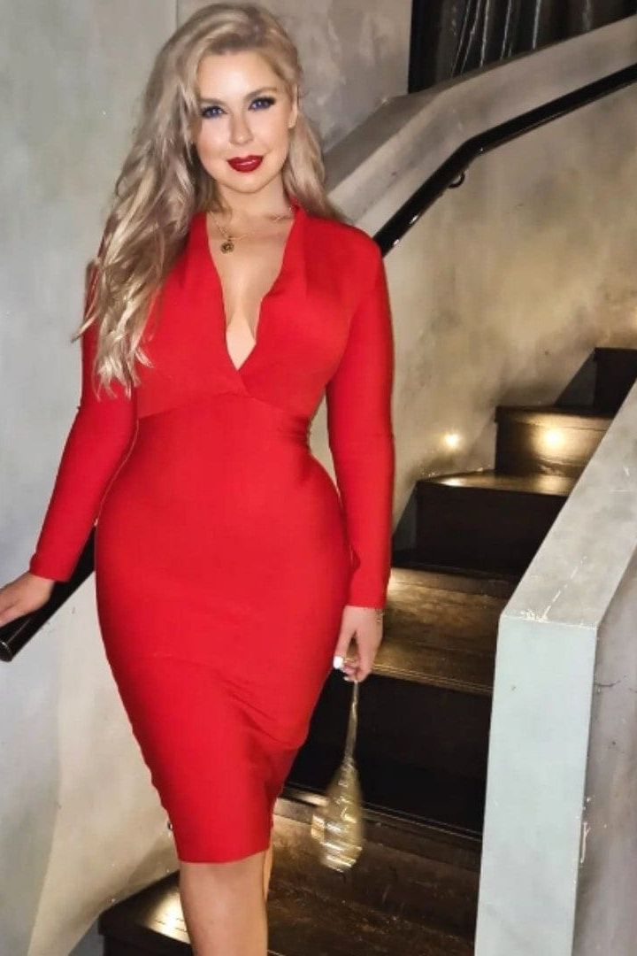 Woman wearing a figure flattering  Blaire Long Sleeve Bandage Dress - Lipstick Red BODYCON COLLECTION