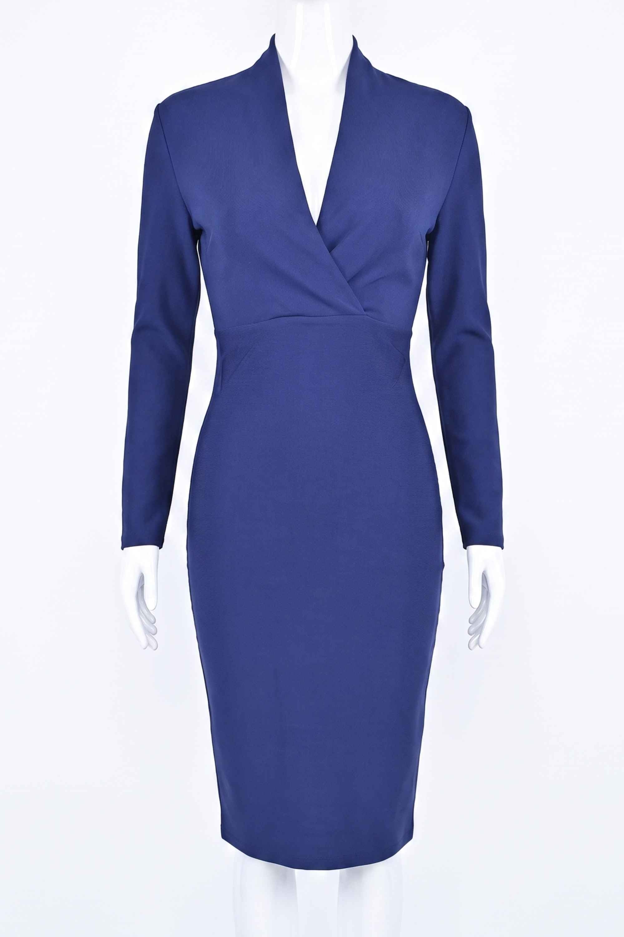Woman wearing a figure flattering  Blaire Long Sleeve Bandage Dress - Navy Blue BODYCON COLLECTION