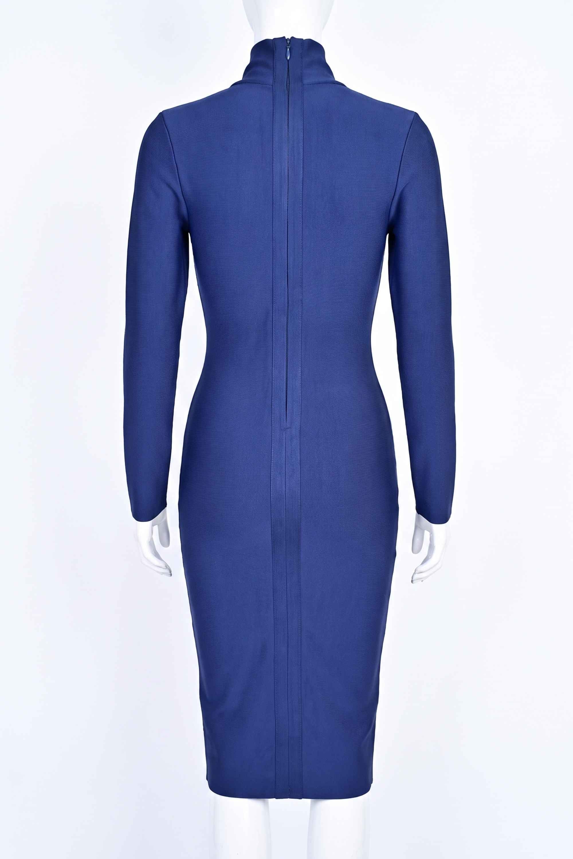 Woman wearing a figure flattering  Blaire Long Sleeve Bandage Dress - Navy Blue BODYCON COLLECTION