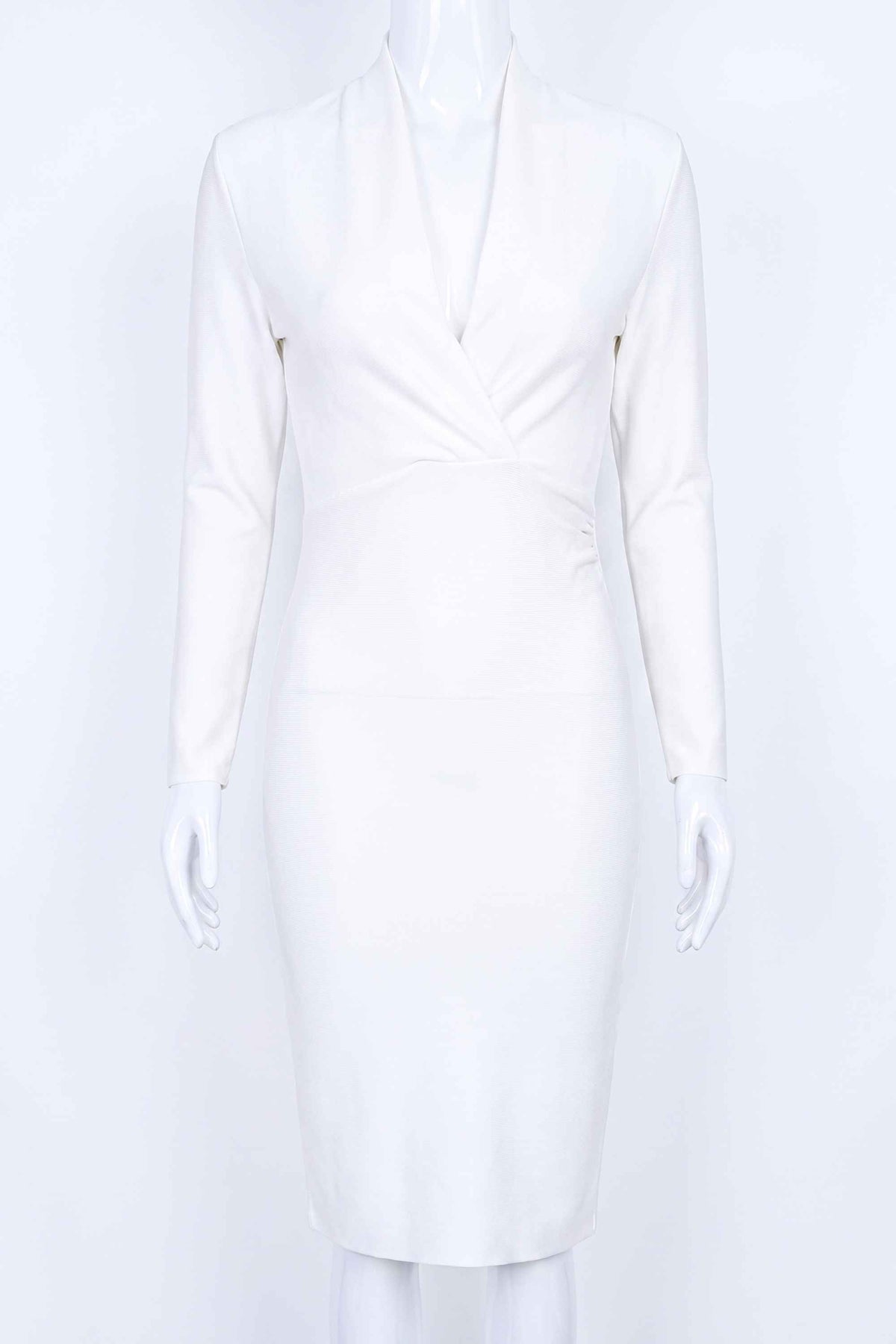 Woman wearing a figure flattering  Blaire Long Sleeve Bandage Dress - Pearl White BODYCON COLLECTION