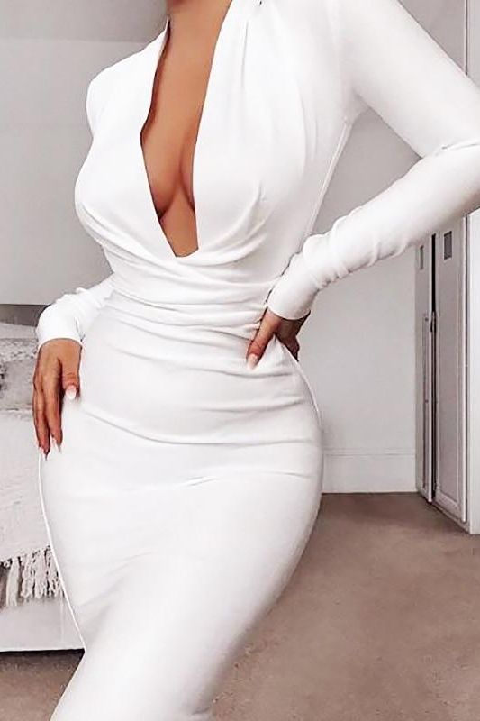 Woman wearing a figure flattering  Blaire Long Sleeve Bandage Dress - Pearl White BODYCON COLLECTION