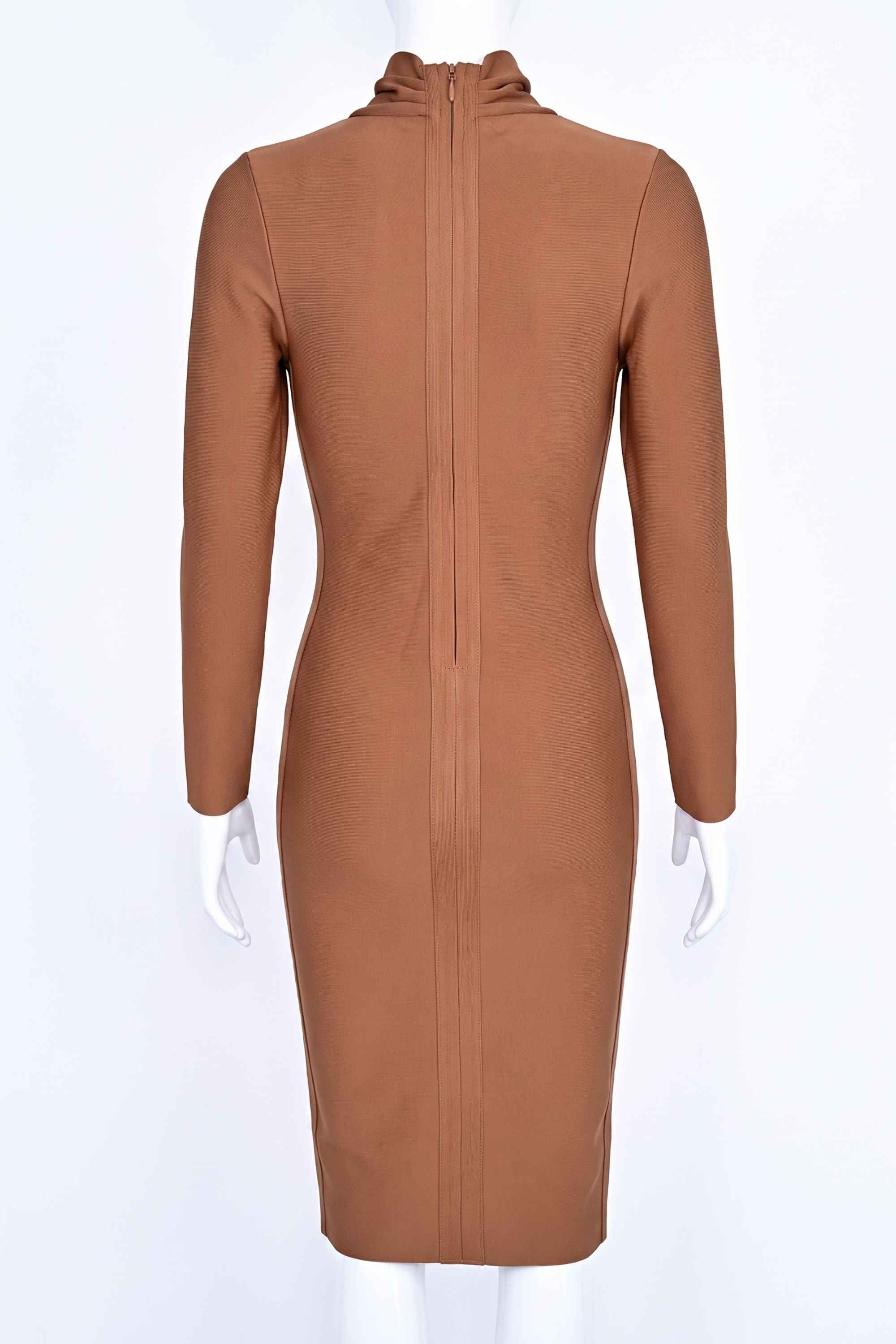 Woman wearing a figure flattering  Blaire Long Sleeve Bandage Dress - Tan Brown BODYCON COLLECTION