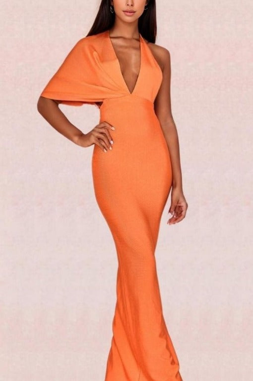 Woman wearing a figure flattering  Blake Bandage Maxi Dress - Apricot Orange BODYCON COLLECTION