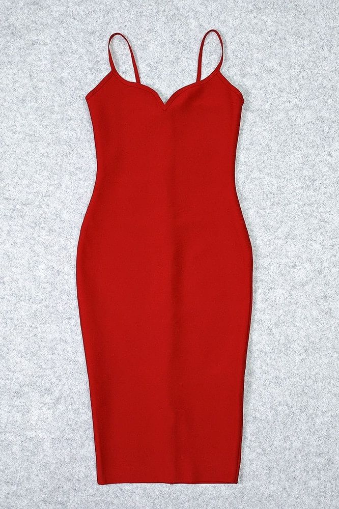 Woman wearing a figure flattering  Blanche Bandage Midi Dress - Lipstick Red BODYCON COLLECTION
