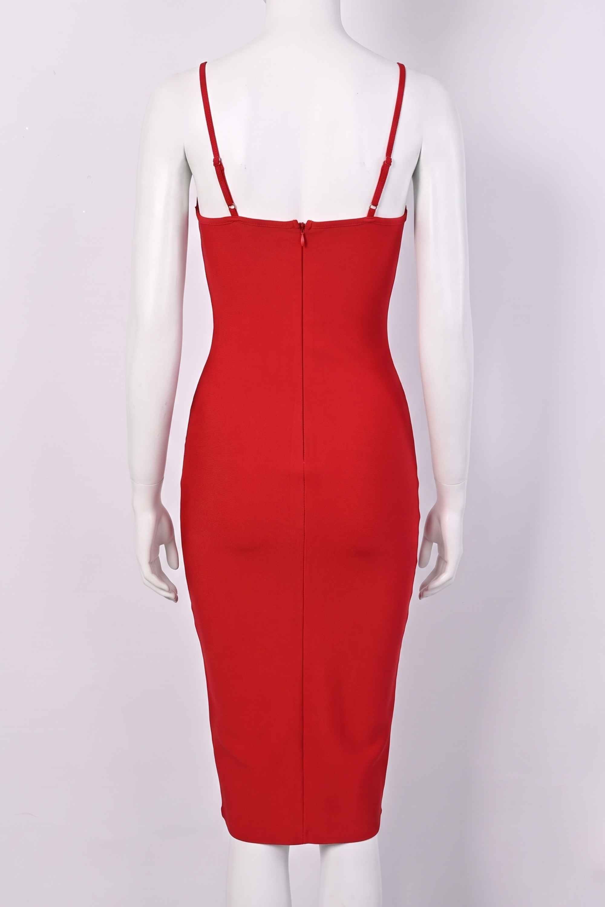 Woman wearing a figure flattering  Blanche Bandage Midi Dress - Lipstick Red BODYCON COLLECTION