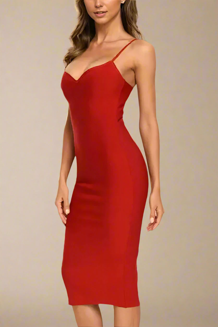 Woman wearing a figure flattering  Blanche Bandage Midi Dress - Lipstick Red BODYCON COLLECTION