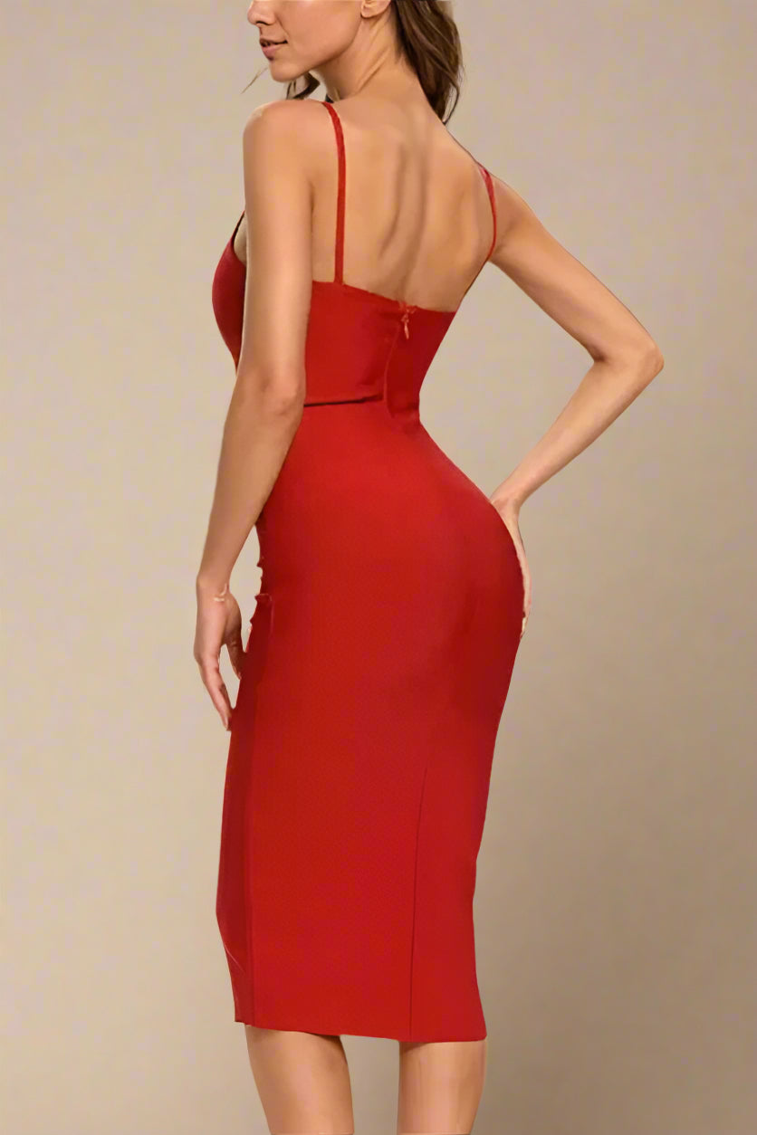 Woman wearing a figure flattering  Blanche Bandage Midi Dress - Lipstick Red BODYCON COLLECTION